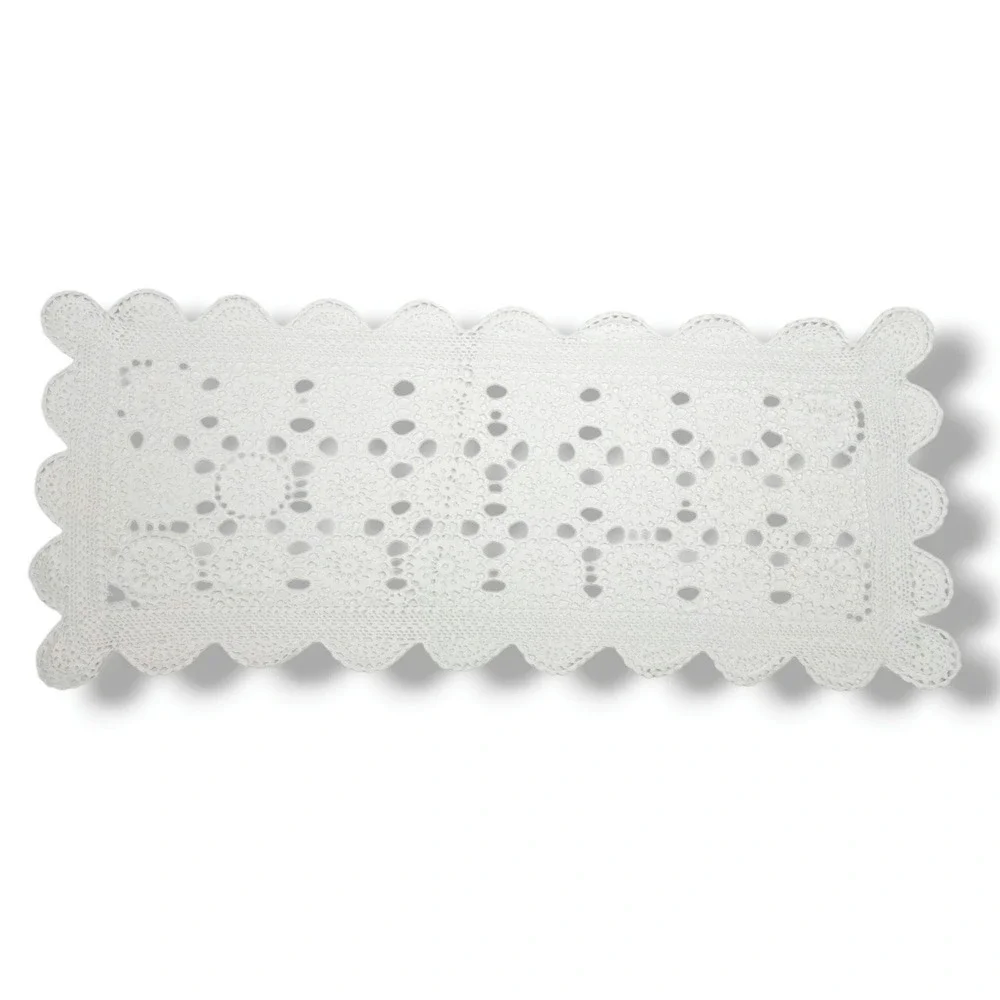 Vintage Crochet Lace Dresser Scarf Table Runner White Scalloped 30 Inch